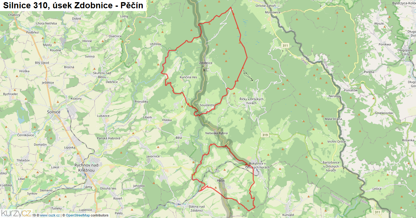 Úsek Zdobnice - Pěčín, Silnice 310 - Mapa