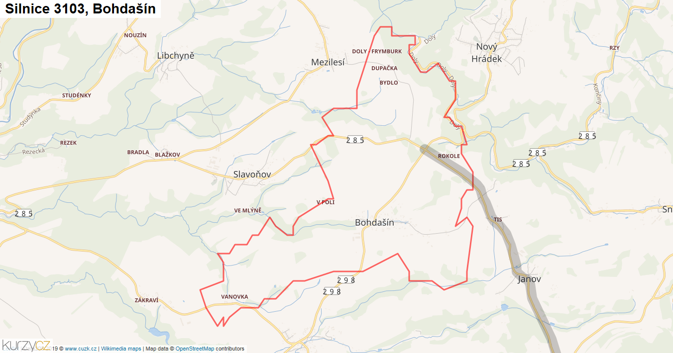 Bohdašín, Silnice 3103 - Mapa
