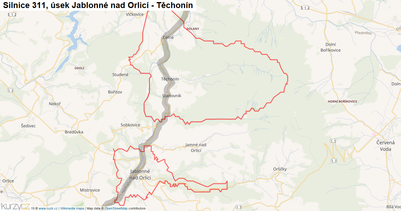 Úsek Jablonné nad Orlicí - Těchonín, Silnice 311 - Mapa