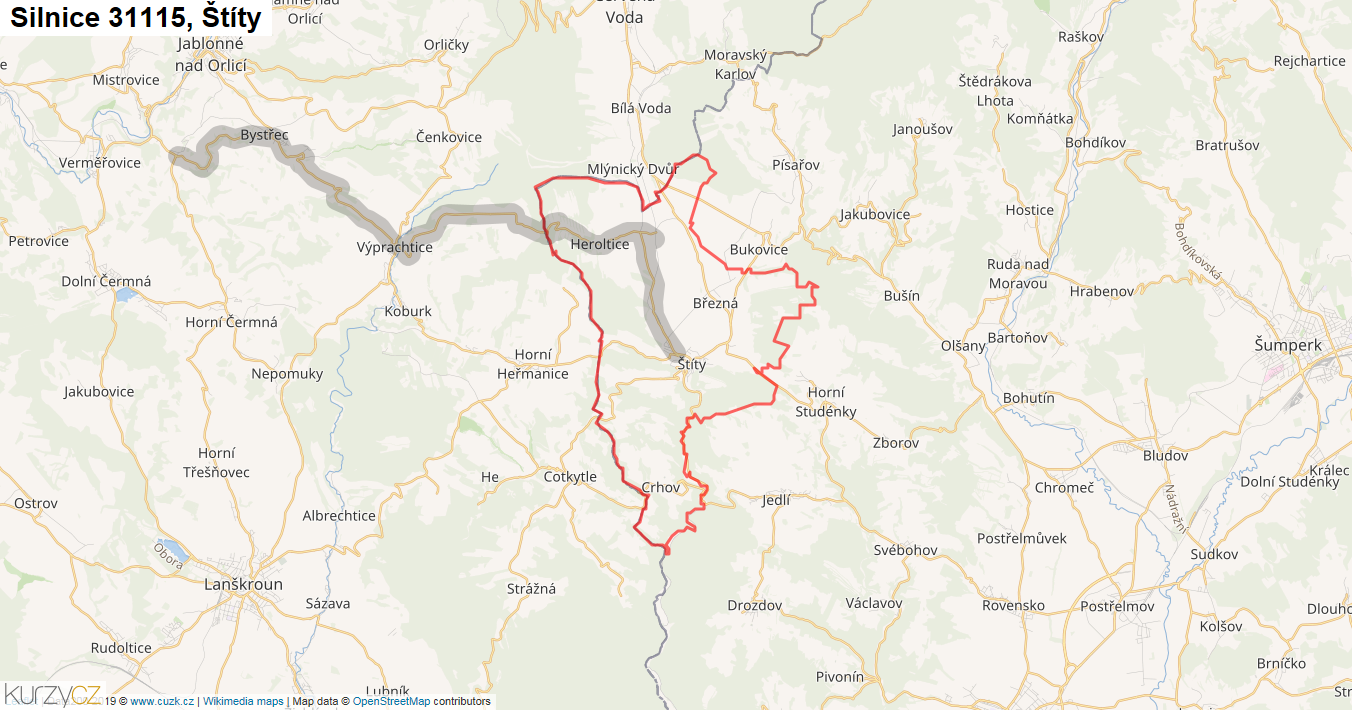 Štíty, Silnice 31115 - Mapa
