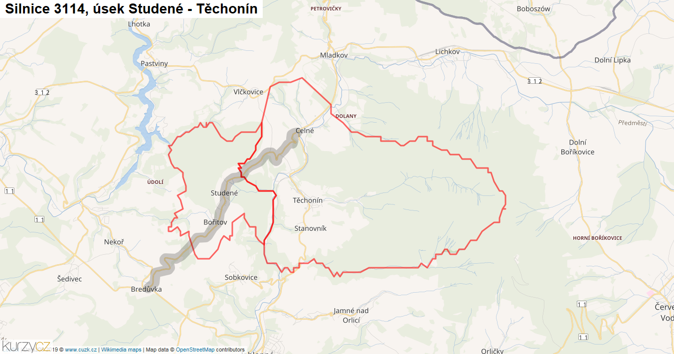 Úsek Studené - Těchonín, Silnice 3114 - Mapa