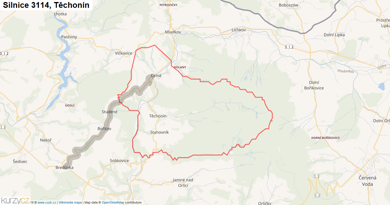 Těchonín, Silnice 3114 - Mapa