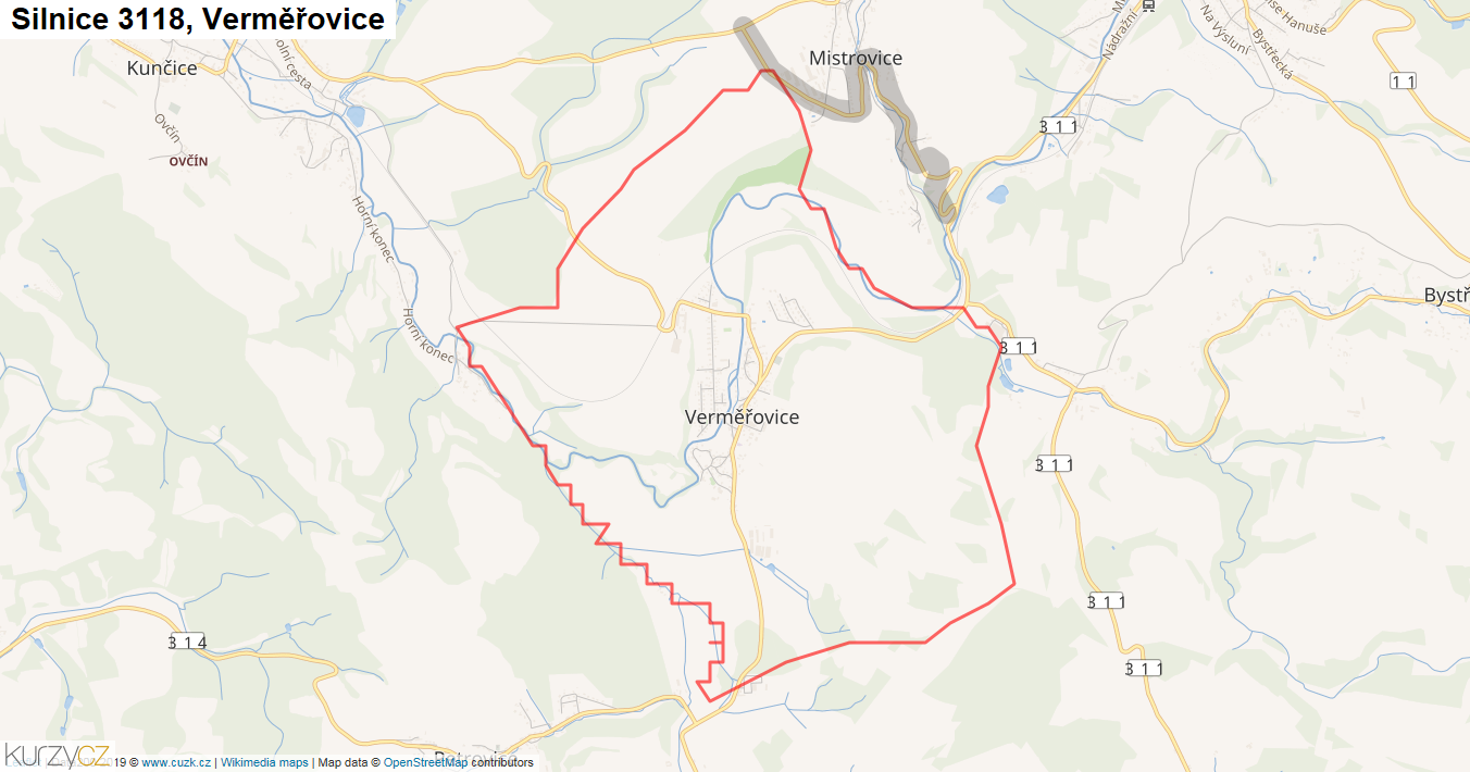 Verměřovice, Silnice 3118 - Mapa