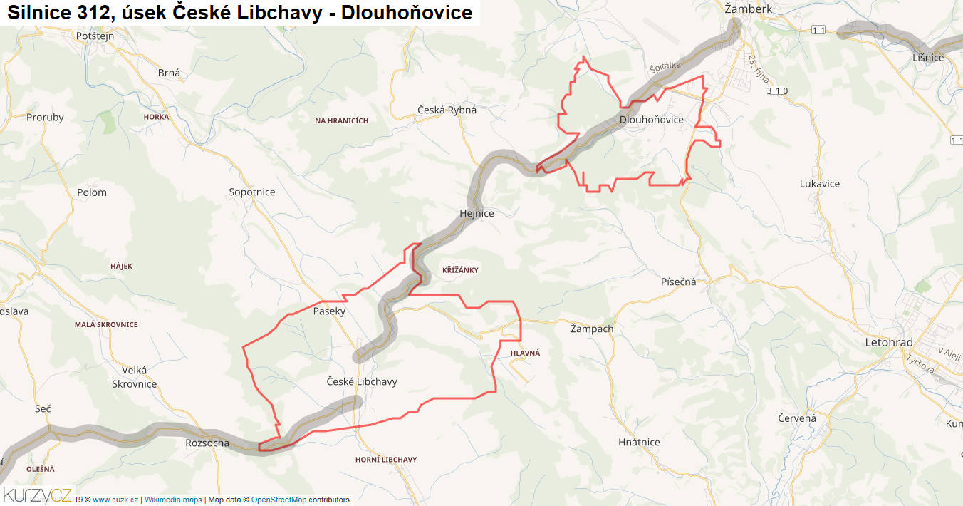 Úsek České Libchavy - Dlouhoňovice, Silnice 312 - Mapa