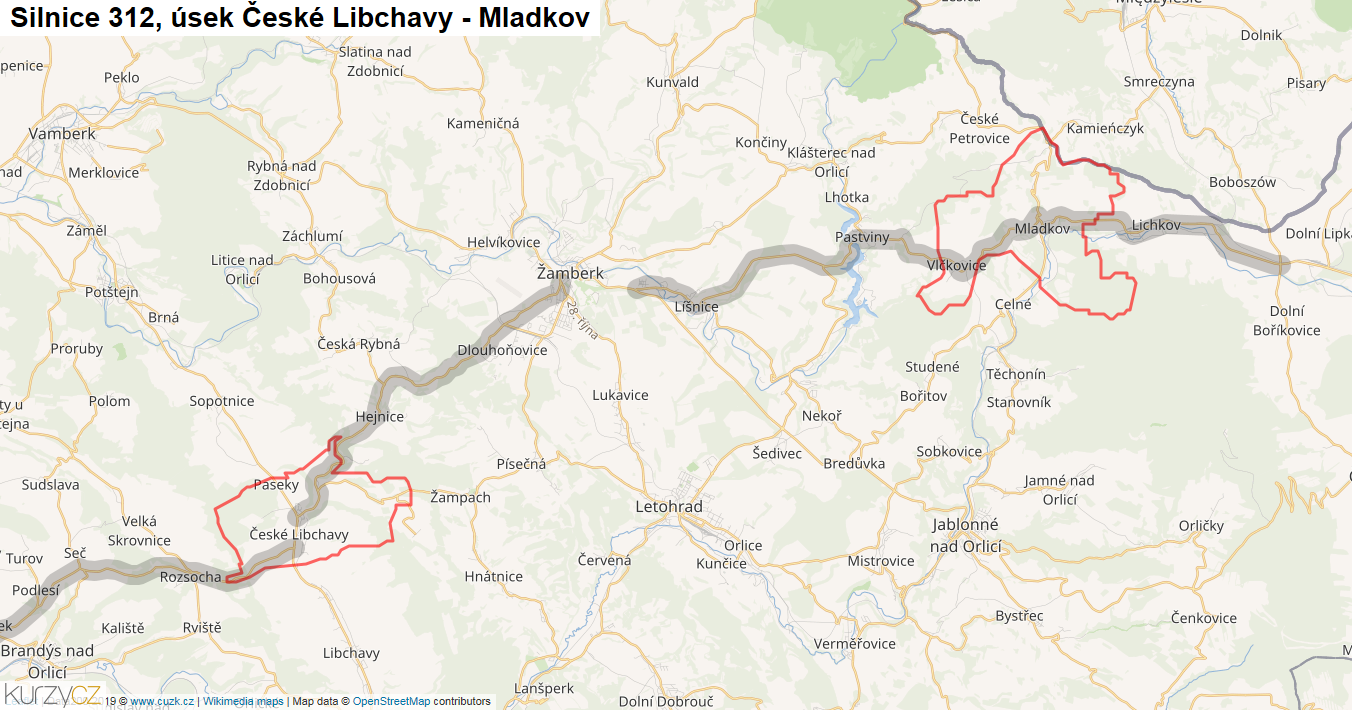 Úsek České Libchavy - Mladkov, Silnice 312 - Mapa