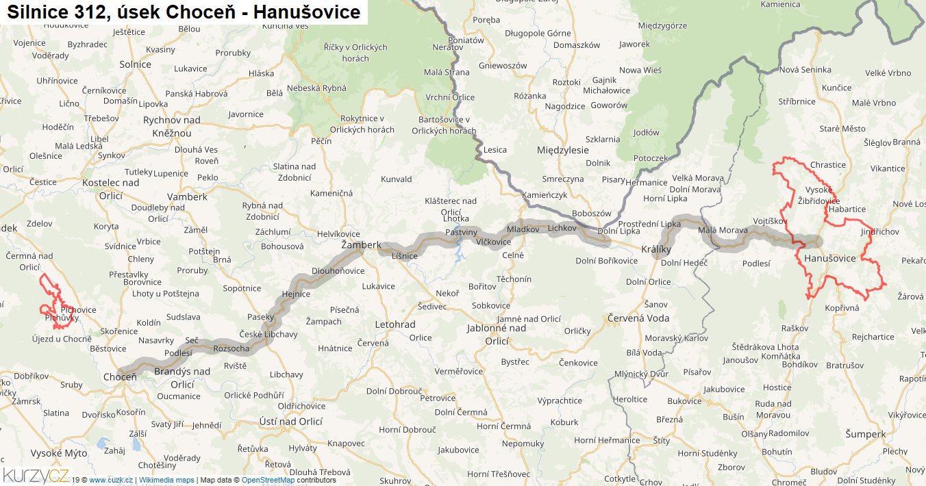 Úsek Choceň - Hanušovice, Silnice 312 - Mapa