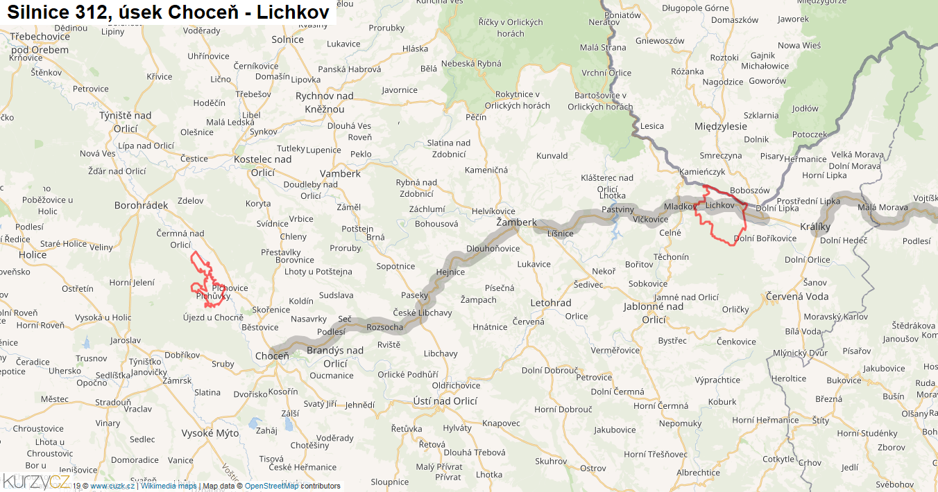 Úsek Choceň - Lichkov, Silnice 312 - Mapa