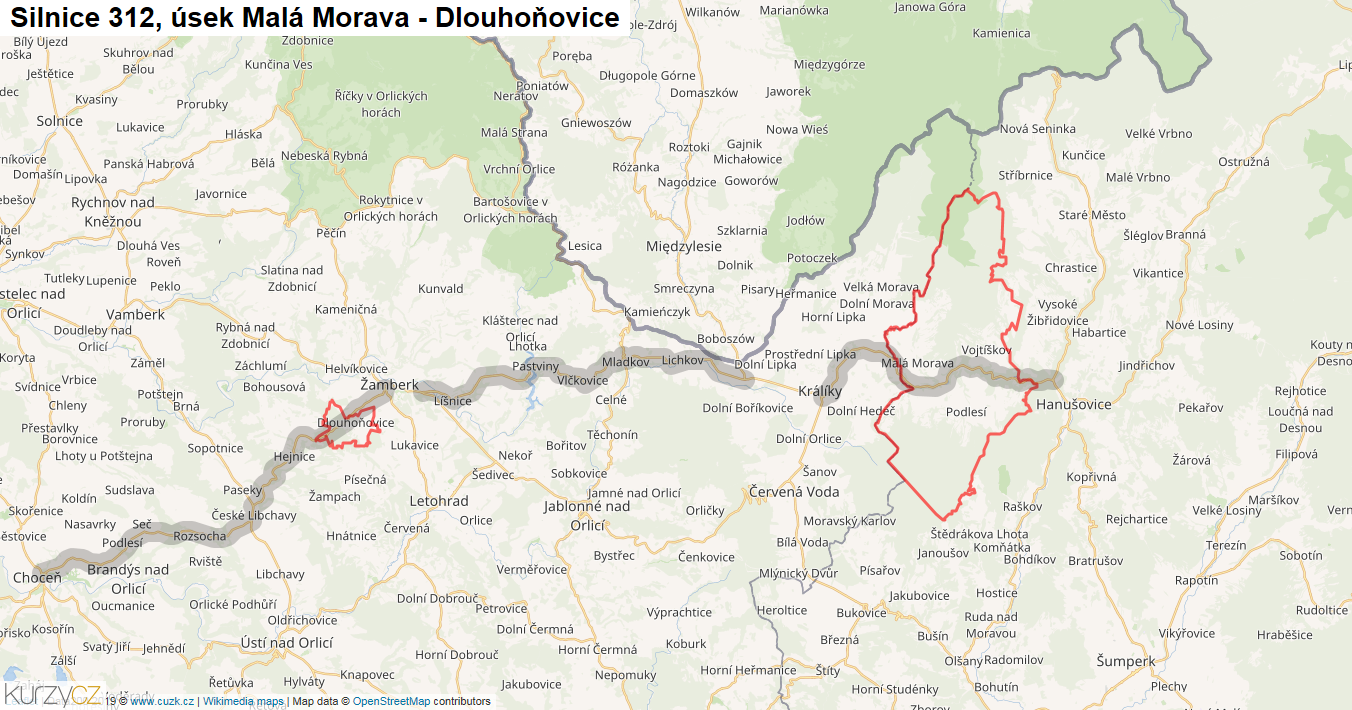 Úsek Malá Morava - Dlouhoňovice, Silnice 312 - Mapa