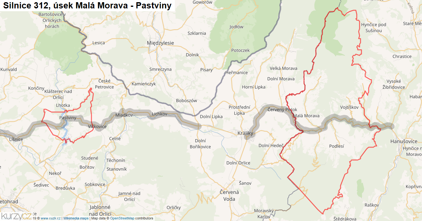 Úsek Malá Morava - Pastviny, Silnice 312 - Mapa