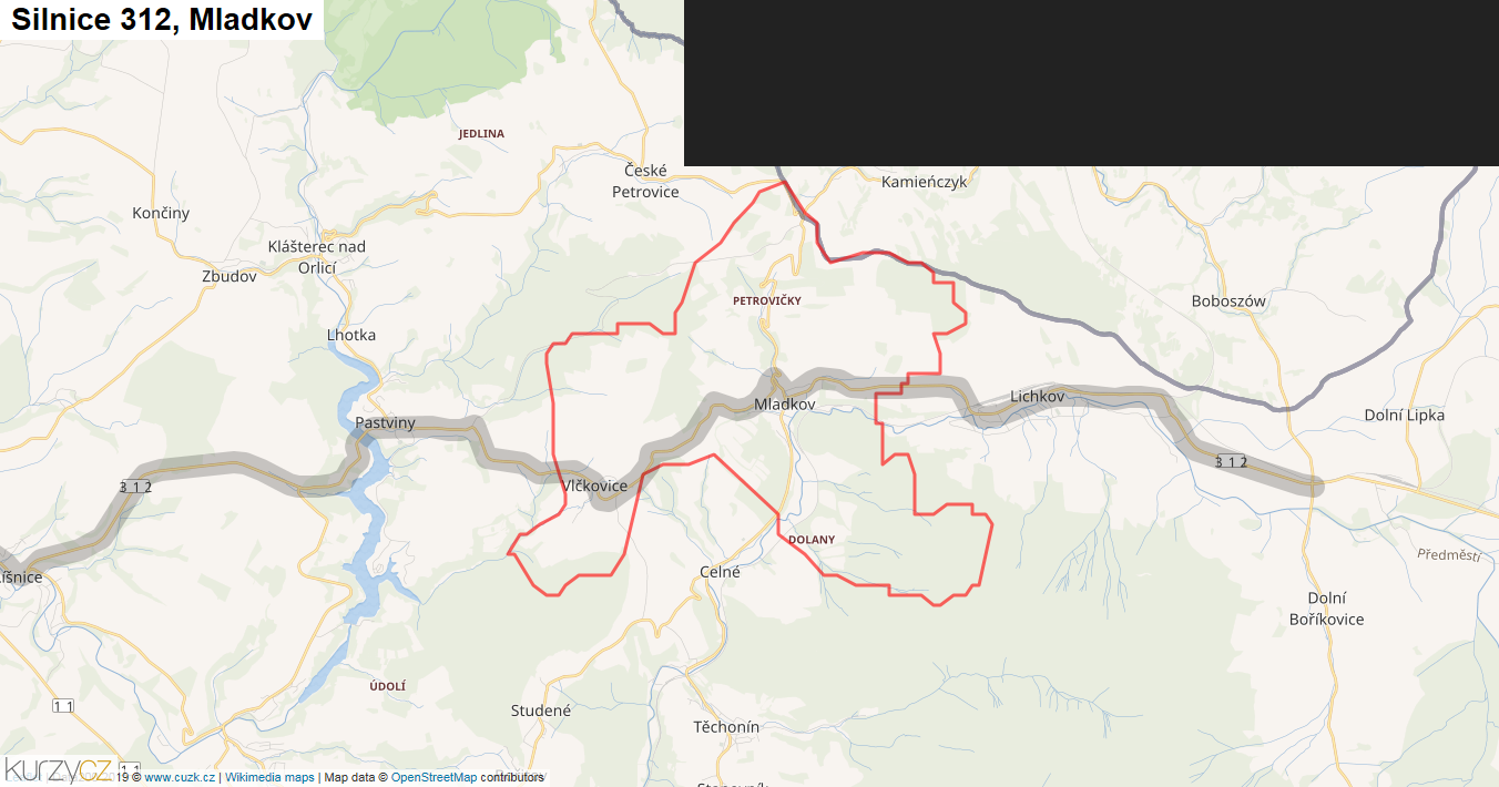 Mladkov, Silnice 312 - Mapa