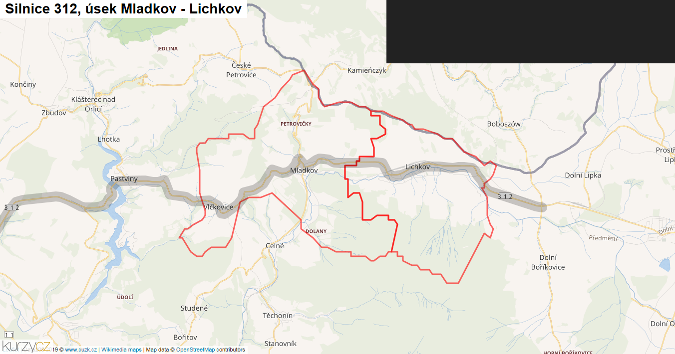 Úsek Mladkov - Lichkov, Silnice 312 - Mapa