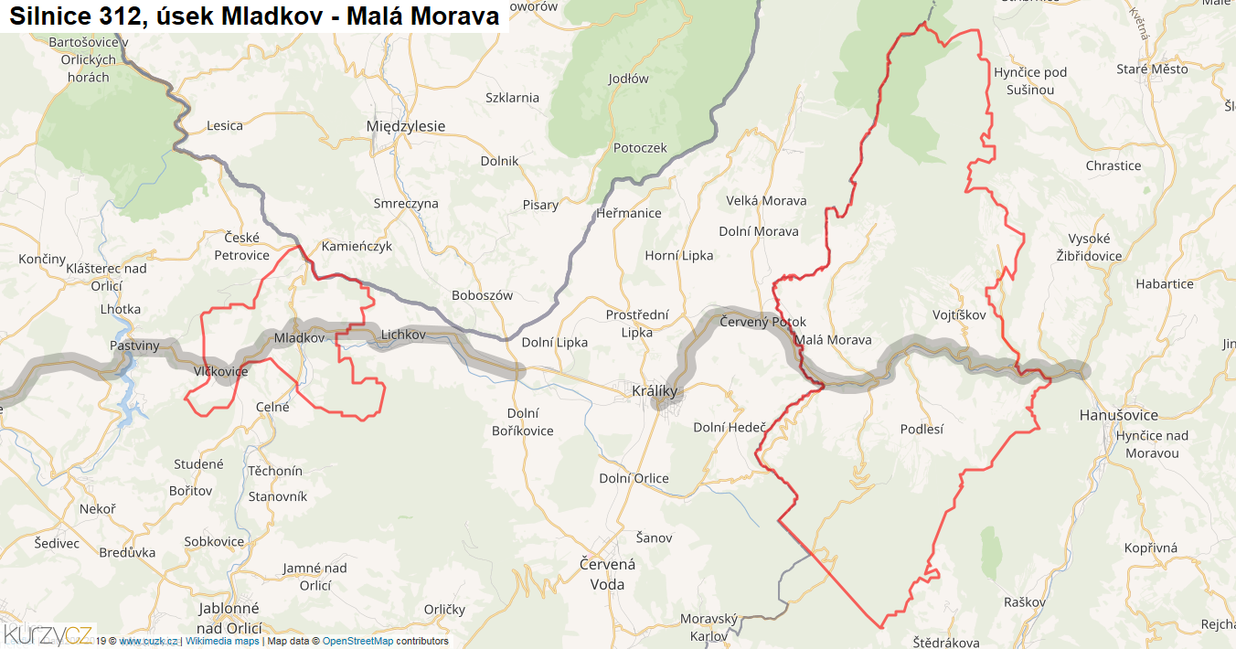 Úsek Mladkov - Malá Morava, Silnice 312 - Mapa