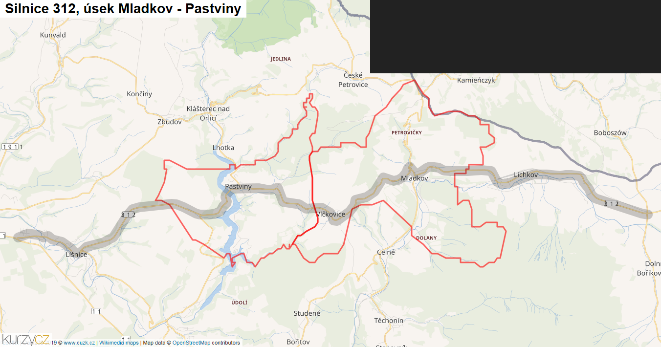 Úsek Mladkov - Pastviny, Silnice 312 - Mapa