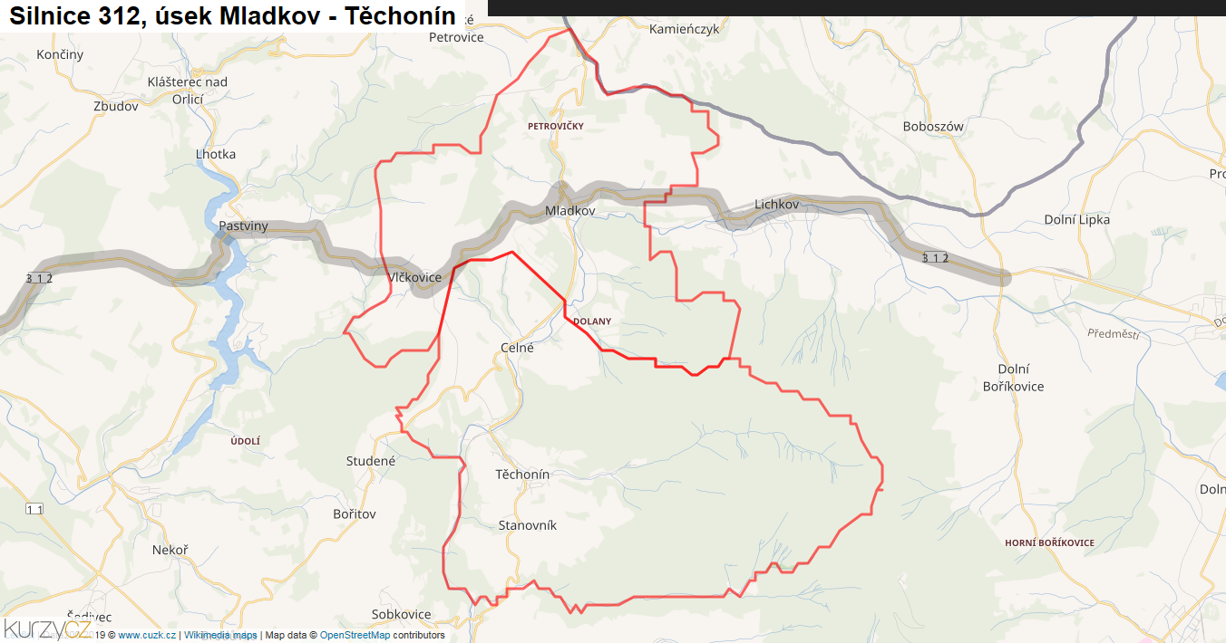 Úsek Mladkov - Těchonín, Silnice 312 - Mapa