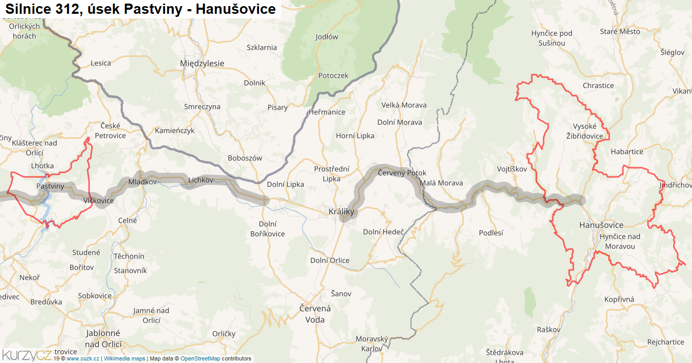 Úsek Pastviny - Hanušovice, Silnice 312 - Mapa