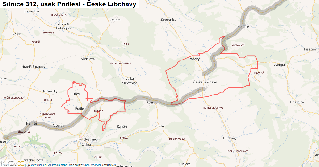 Úsek Podlesí - České Libchavy, Silnice 312 - Mapa
