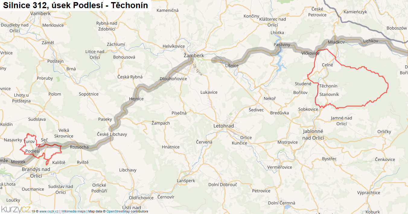 Úsek Podlesí - Těchonín, Silnice 312 - Mapa