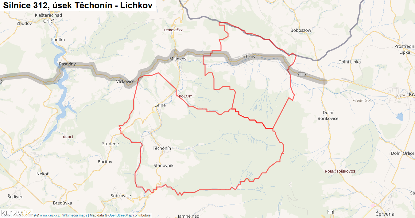 Úsek Těchonín - Lichkov, Silnice 312 - Mapa