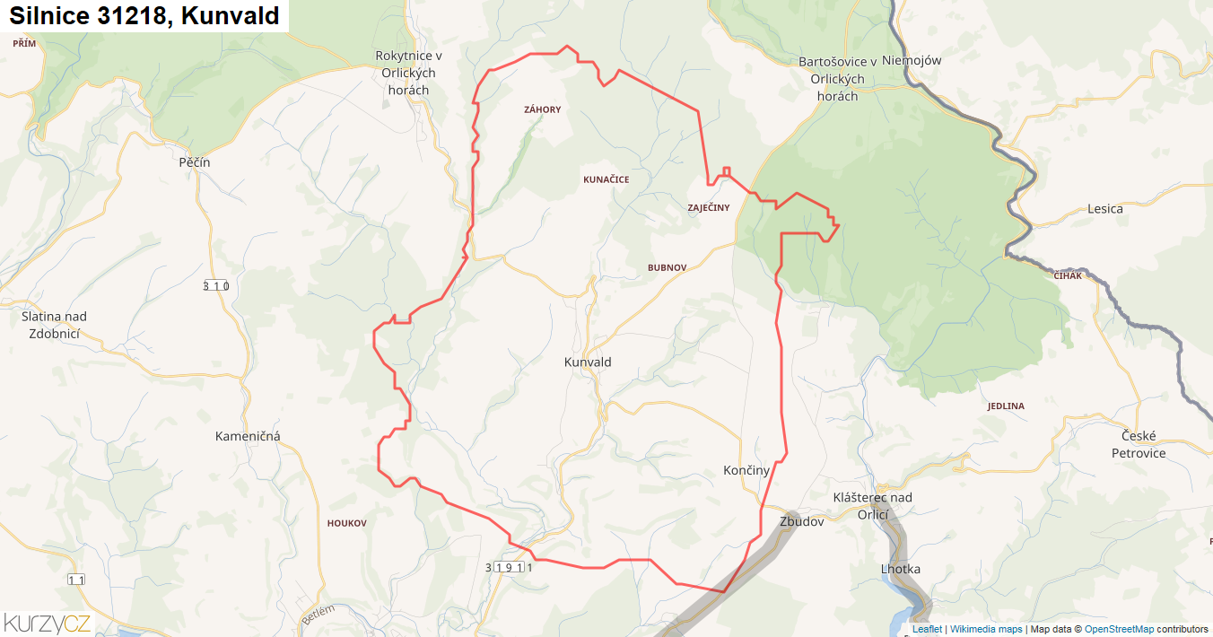 Kunvald, Silnice 31218 - Mapa