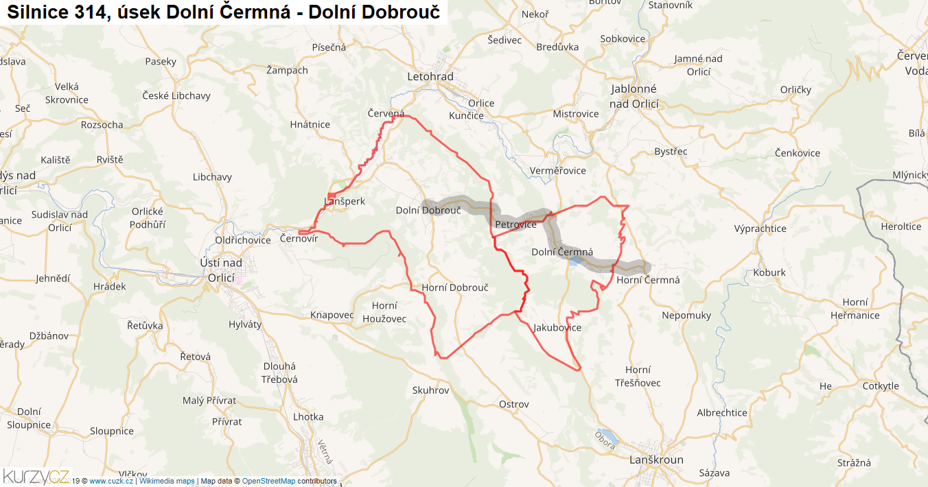 Úsek Dolní Čermná - Dolní Dobrouč, Silnice 314 - Mapa