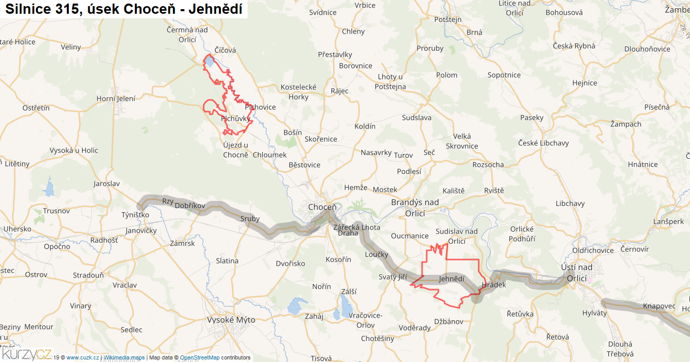 Úsek Choceň - Jehnědí, Silnice 315 - Mapa