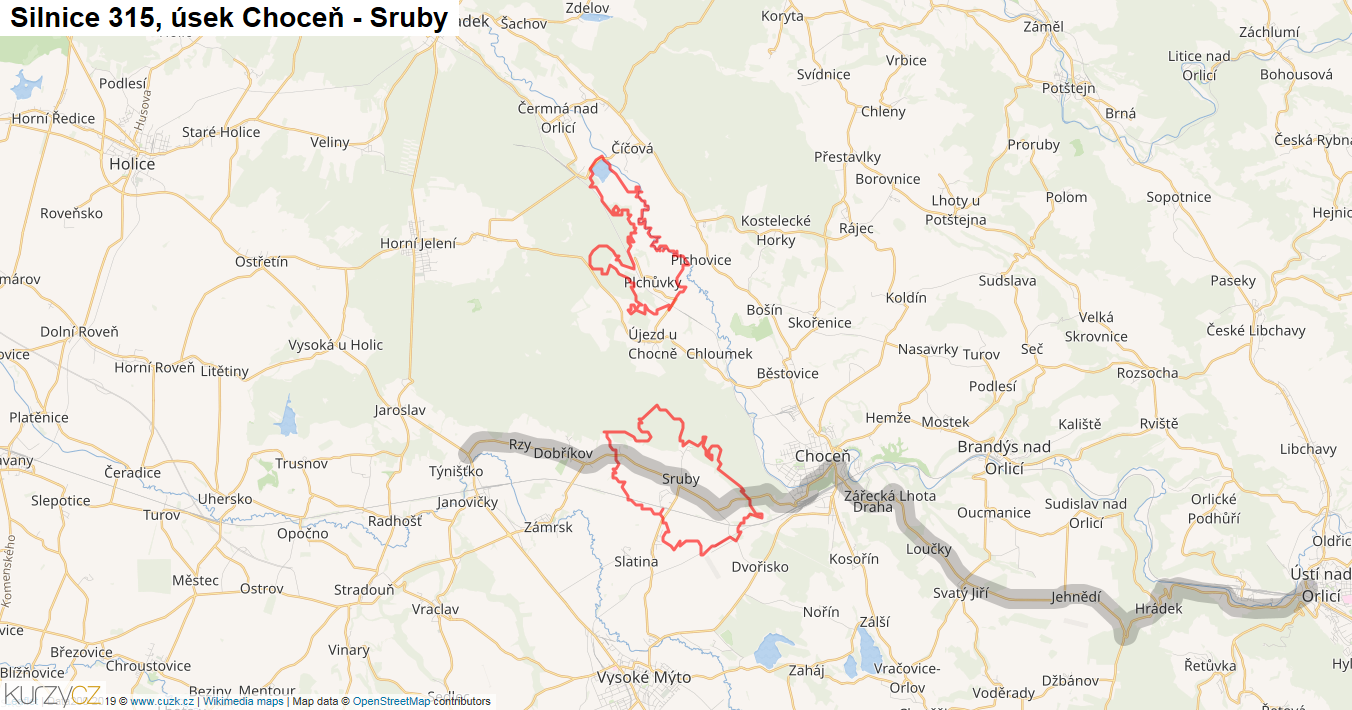 Úsek Choceň - Sruby, Silnice 315 - Mapa