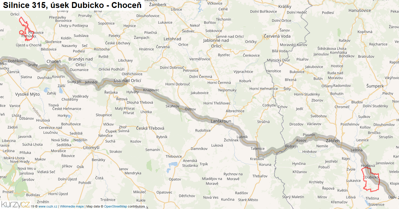 Úsek Dubicko - Choceň, Silnice 315 - Mapa