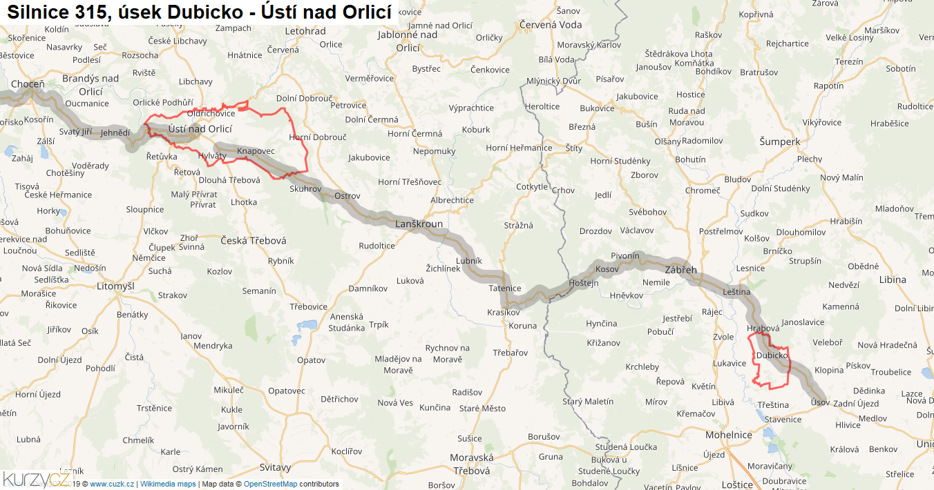 Úsek Dubicko - Ústí nad Orlicí, Silnice 315 - Mapa