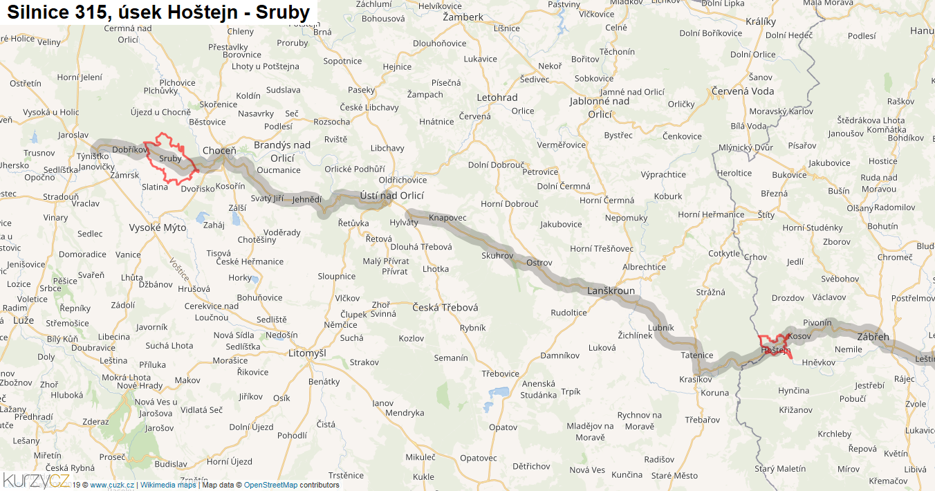 Úsek Hoštejn - Sruby, Silnice 315 - Mapa