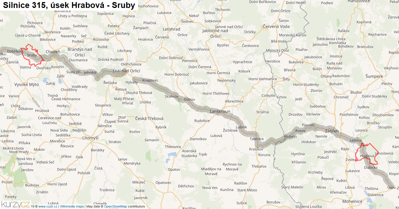 Úsek Hrabová - Sruby, Silnice 315 - Mapa