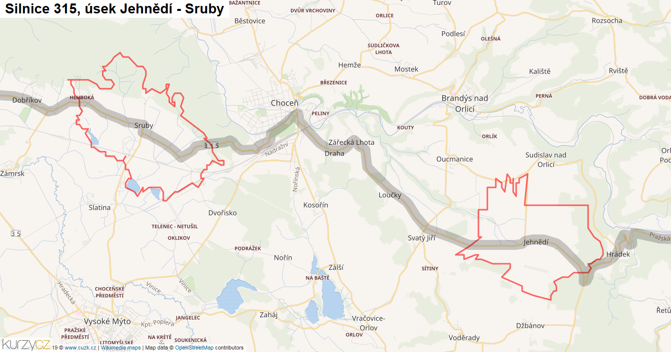Úsek Jehnědí - Sruby, Silnice 315 - Mapa