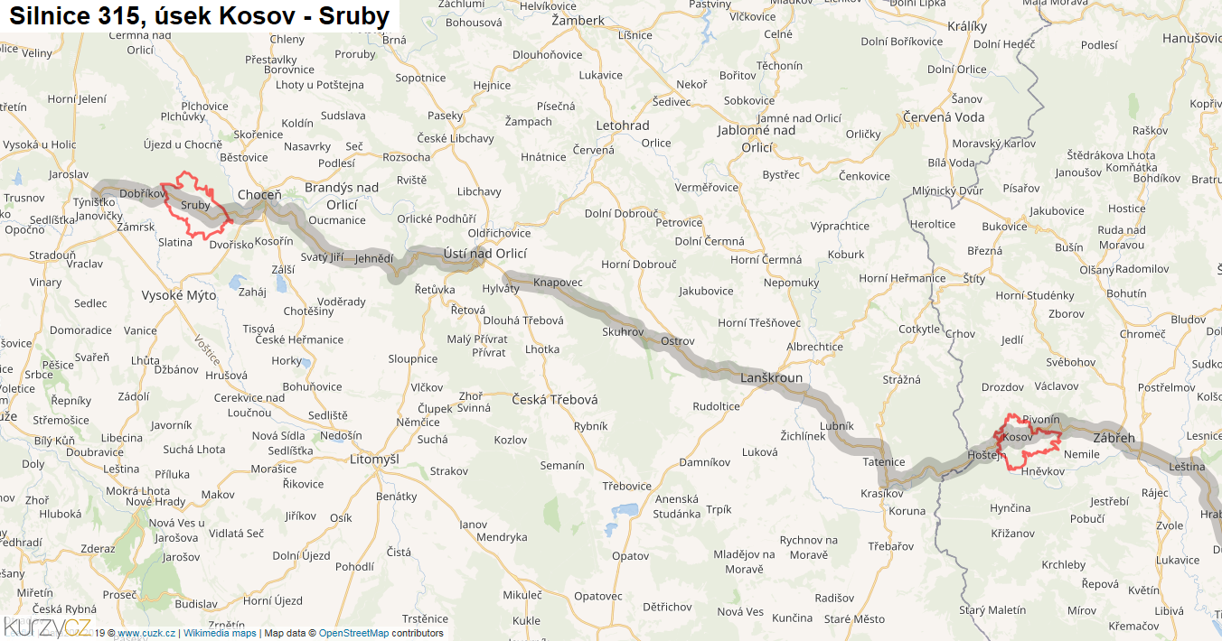 Úsek Kosov - Sruby, Silnice 315 - Mapa