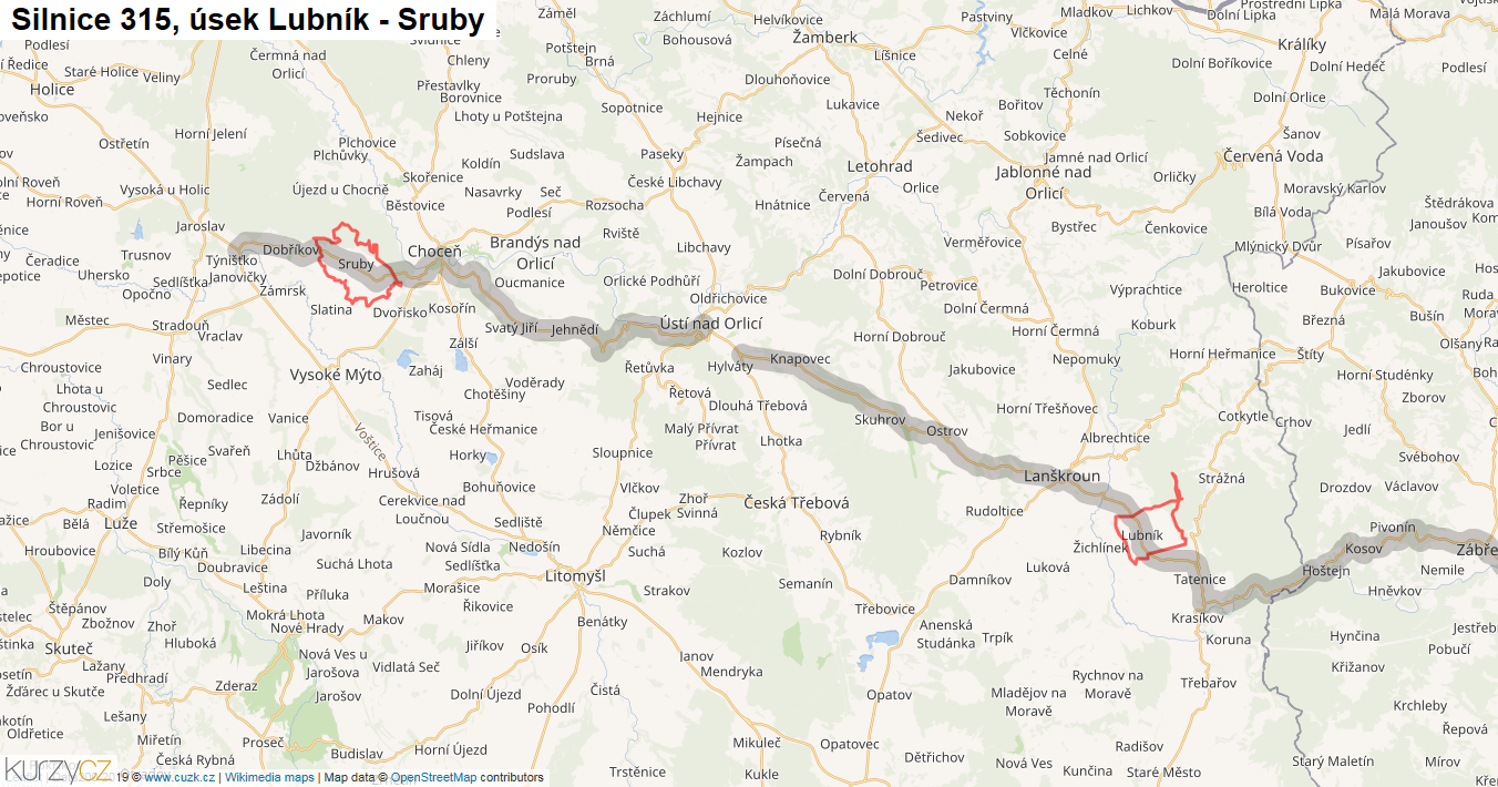 Úsek Lubník - Sruby, Silnice 315 - Mapa