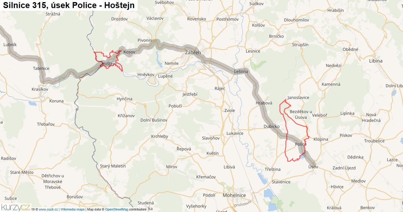 Úsek Police - Hoštejn, Silnice 315 - Mapa