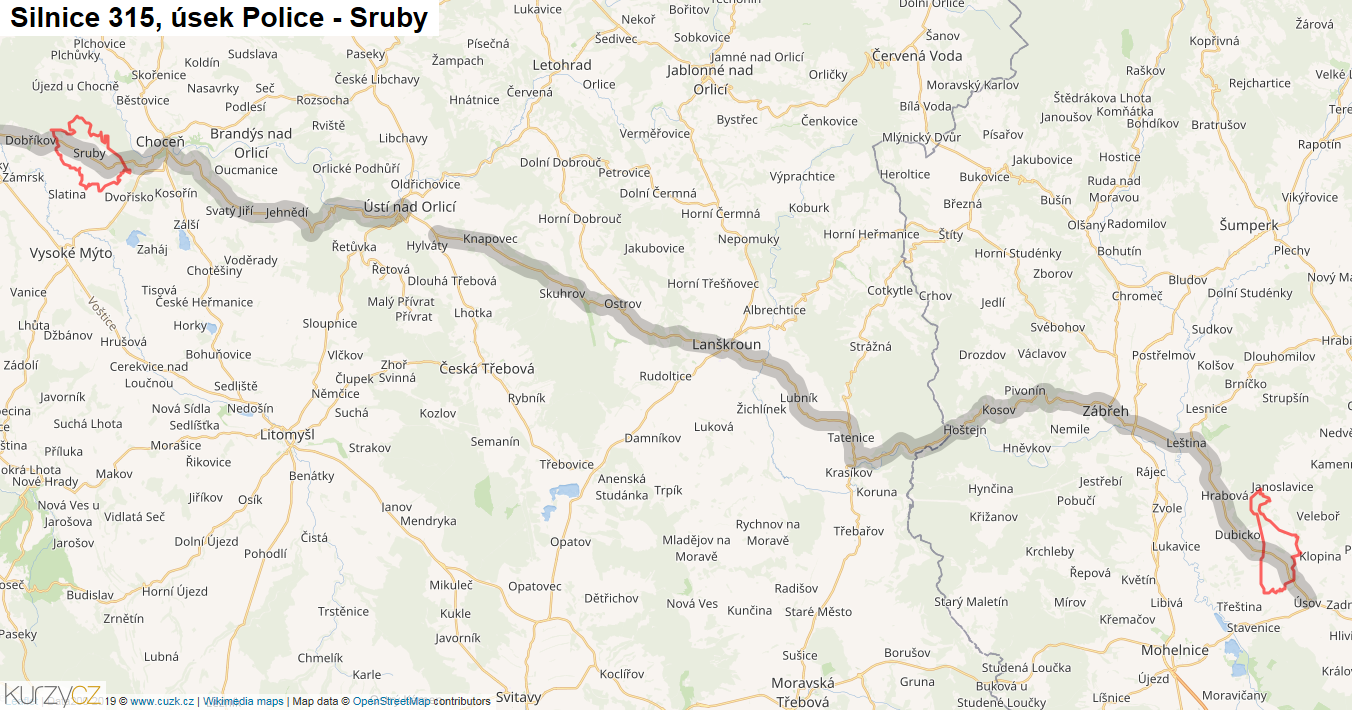 Úsek Police - Sruby, Silnice 315 - Mapa