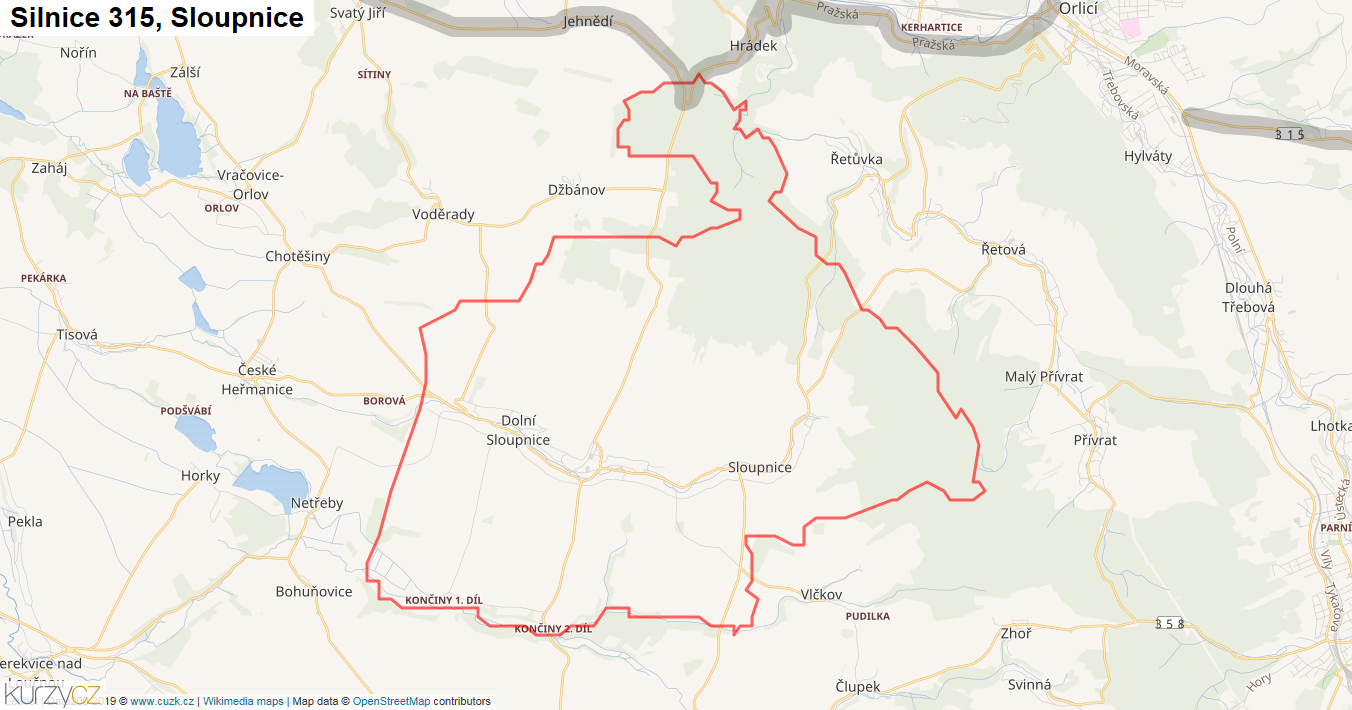 Sloupnice, Silnice 315 - Mapa