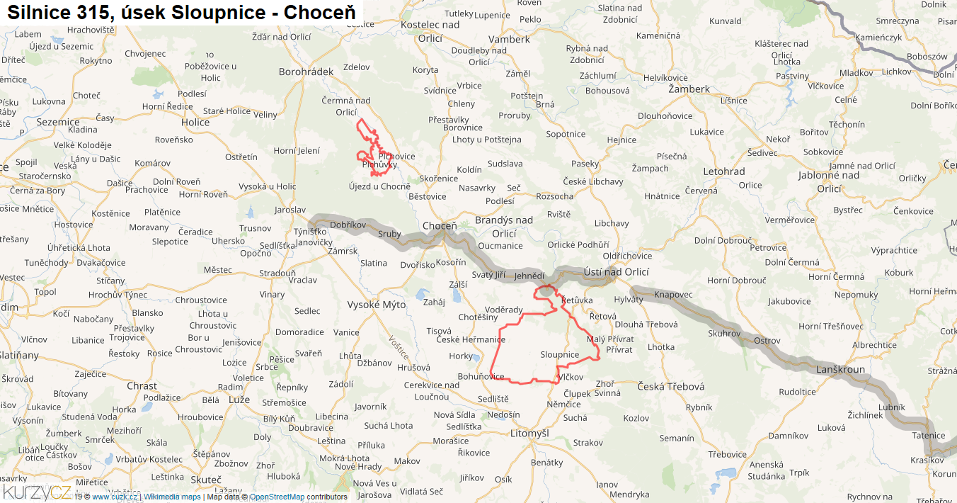 Úsek Sloupnice - Choceň, Silnice 315 - Mapa
