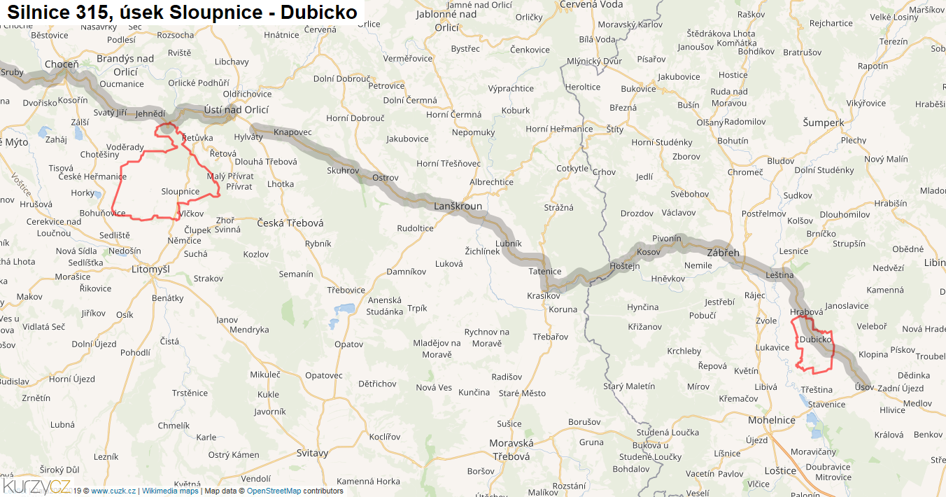 Úsek Sloupnice - Dubicko, Silnice 315 - Mapa