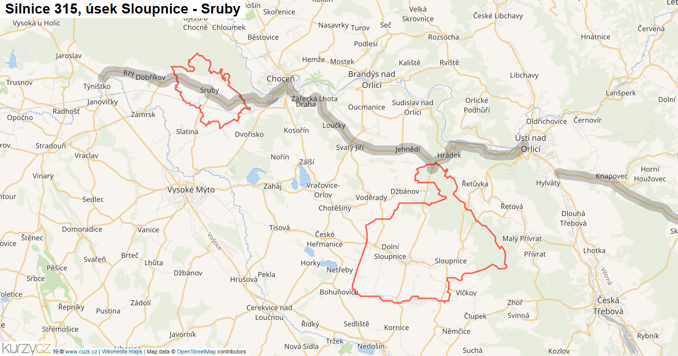 Úsek Sloupnice - Sruby, Silnice 315 - Mapa