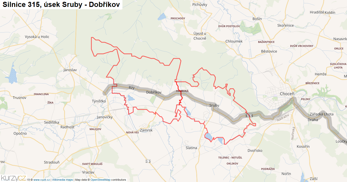 Úsek Sruby - Dobříkov, Silnice 315 - Mapa