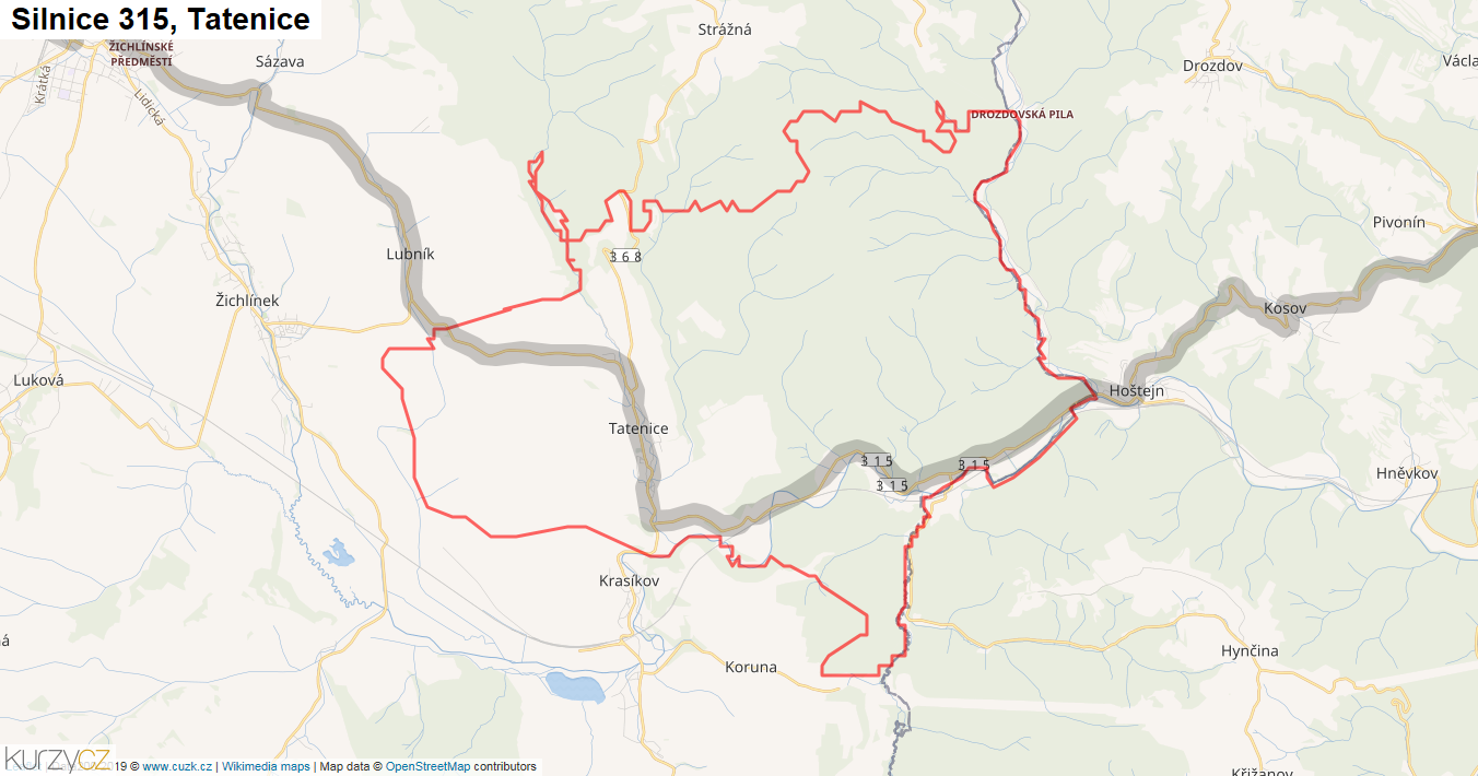 Tatenice, Silnice 315 - Mapa