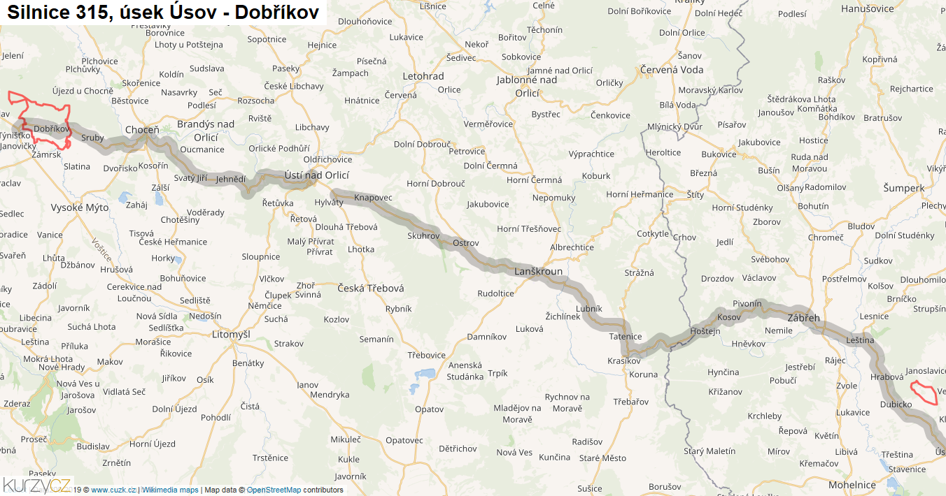Úsek Úsov - Dobříkov, Silnice 315 - Mapa