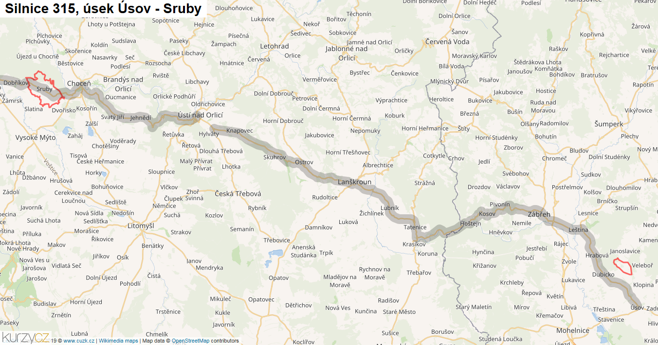 Úsek Úsov - Sruby, Silnice 315 - Mapa