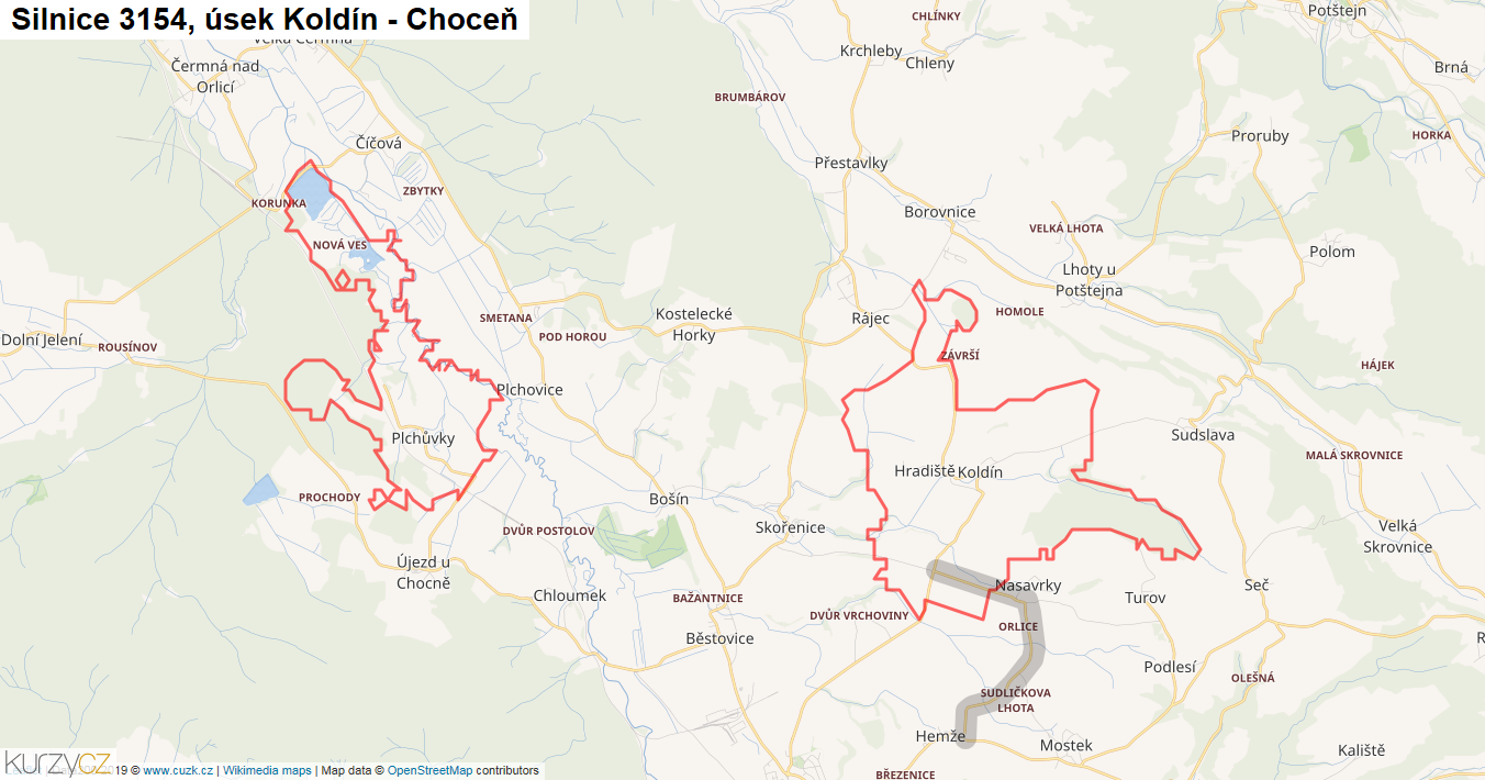 Úsek Koldín - Choceň, Silnice 3154 - Mapa