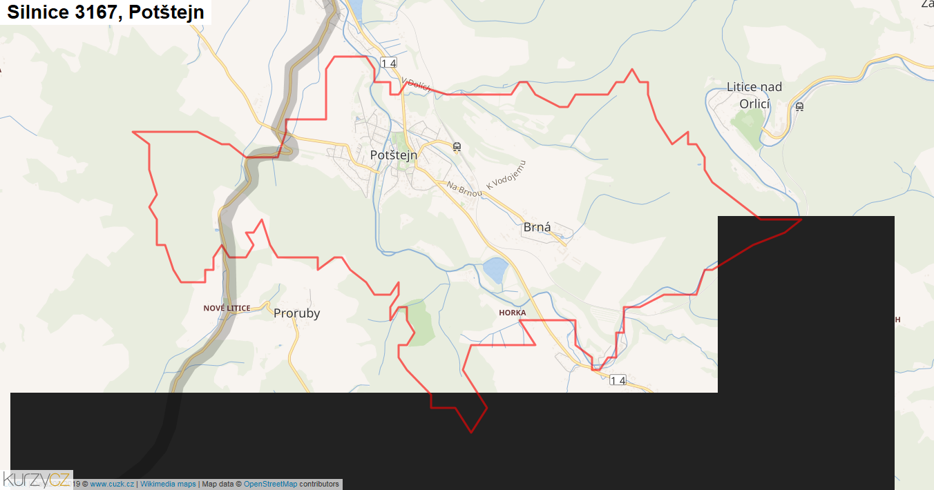 Potštejn, Silnice 3167 - Mapa