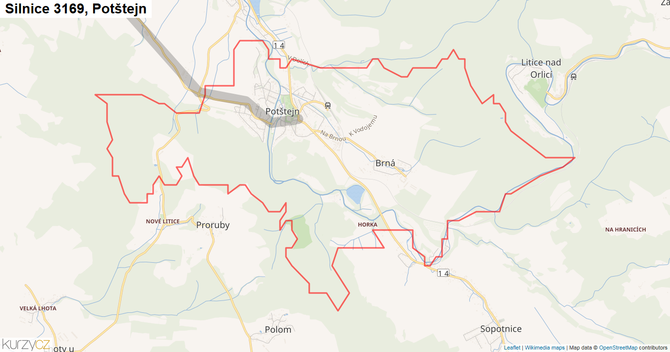 Potštejn, Silnice 3169 - Mapa