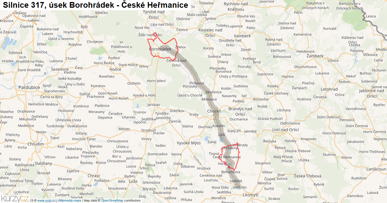Úsek Borohrádek - České Heřmanice, Silnice 317 - Mapa