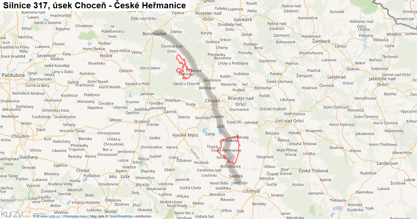 Úsek Choceň - České Heřmanice, Silnice 317 - Mapa