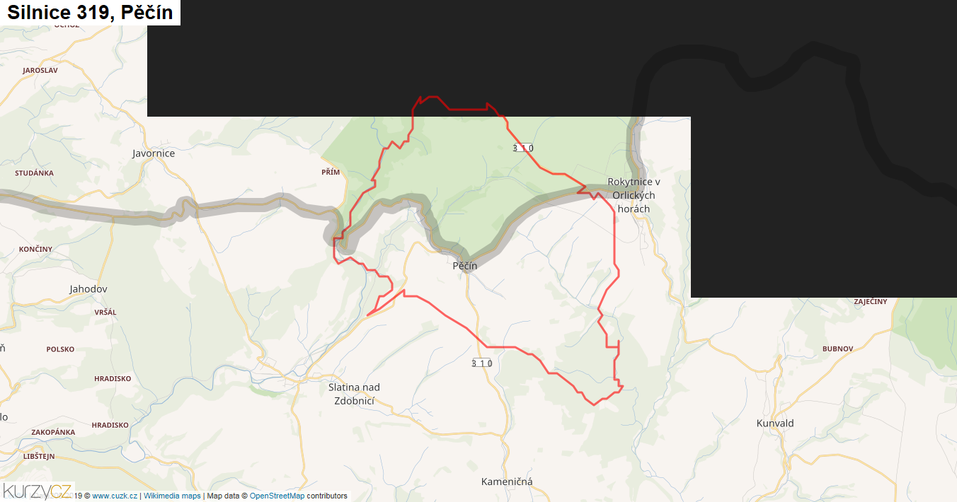 Pěčín, Silnice 319 - Mapa