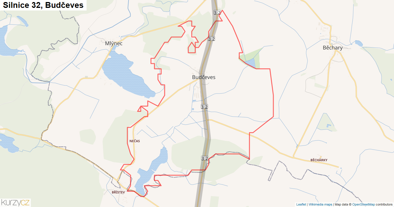 Budčeves, Silnice 32 - Mapa